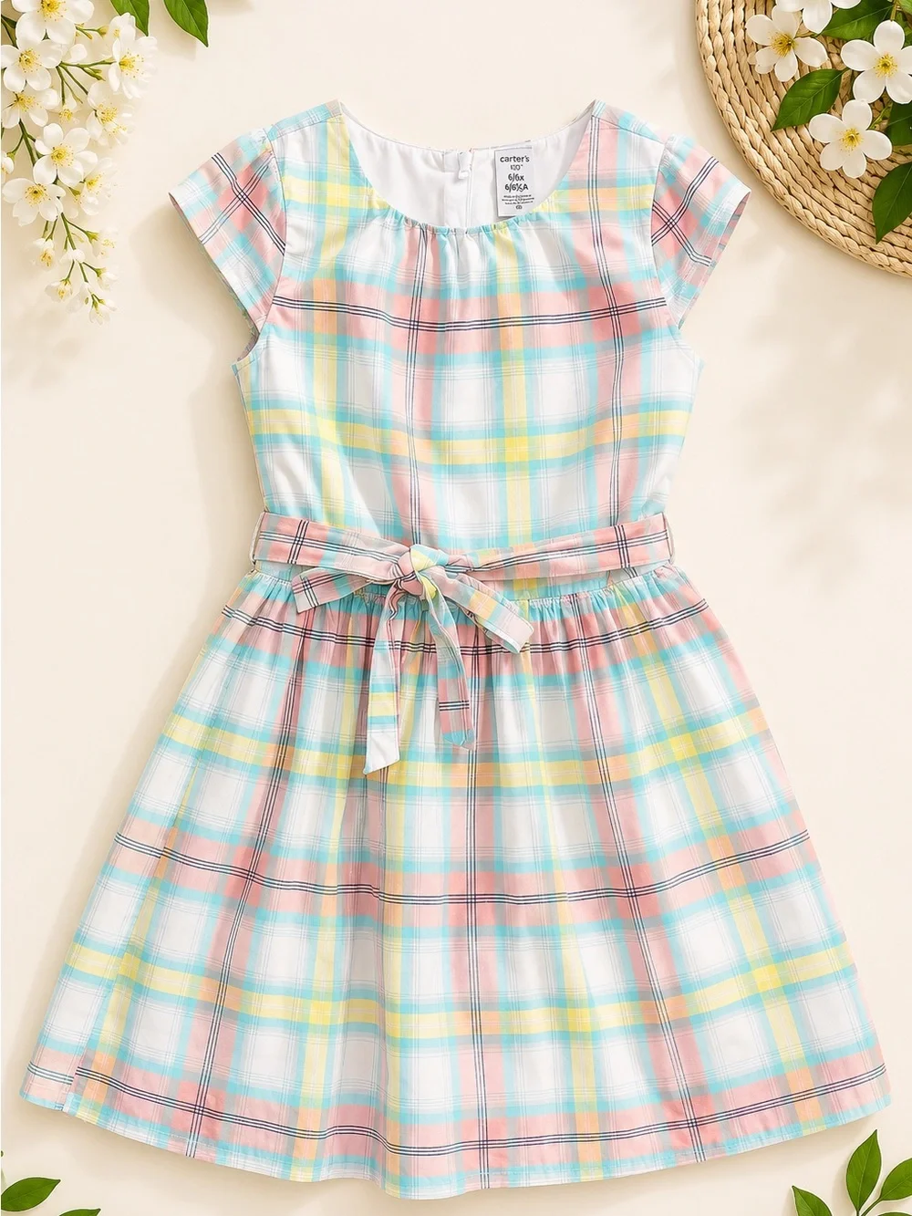 Girls' Pastel Plaid Belted Dress carters size 6